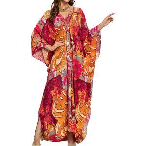 Women's Orange & Red Floral V-Neck Batwing Sleeves Summer Cover Up Kaftan Dress